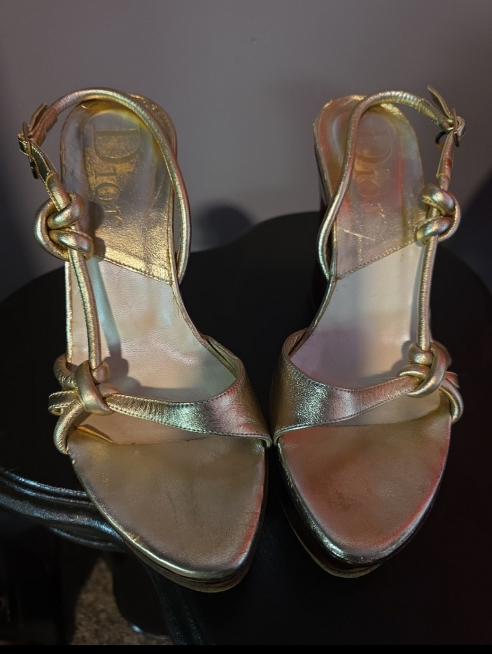 Christian Dior Gold Metallic Wedge Sandals with Tortoiseshell Platform - Picture 3 of 7